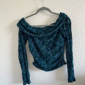 Floral Teal Long Sleeve Women's Off the Shoulder Top
